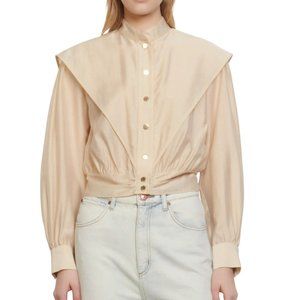 Sandro Paris Tea Crop Button-Down Blouse in Beige